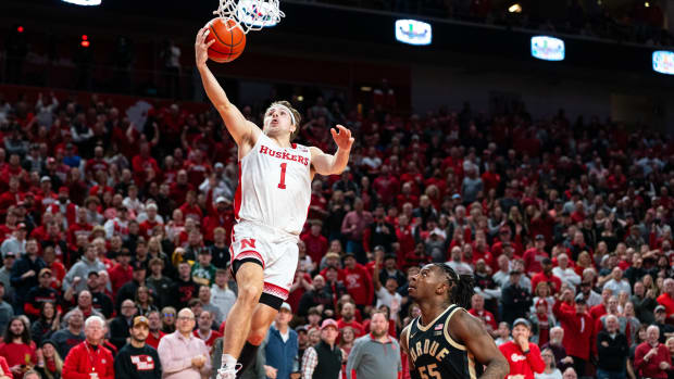 Nebraska guard Sam Hoiberg shoots the ball against Purdue guard Lance Jones during the first half Tuesday night at Pinnacle Bank Arena in Lincoln. (Jan 9, 2024)